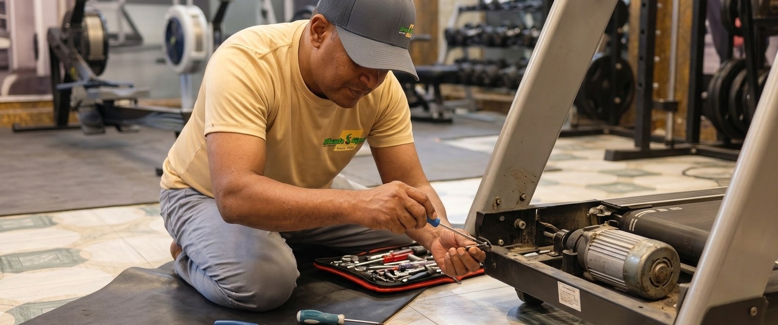 Technician repairing a treadmill