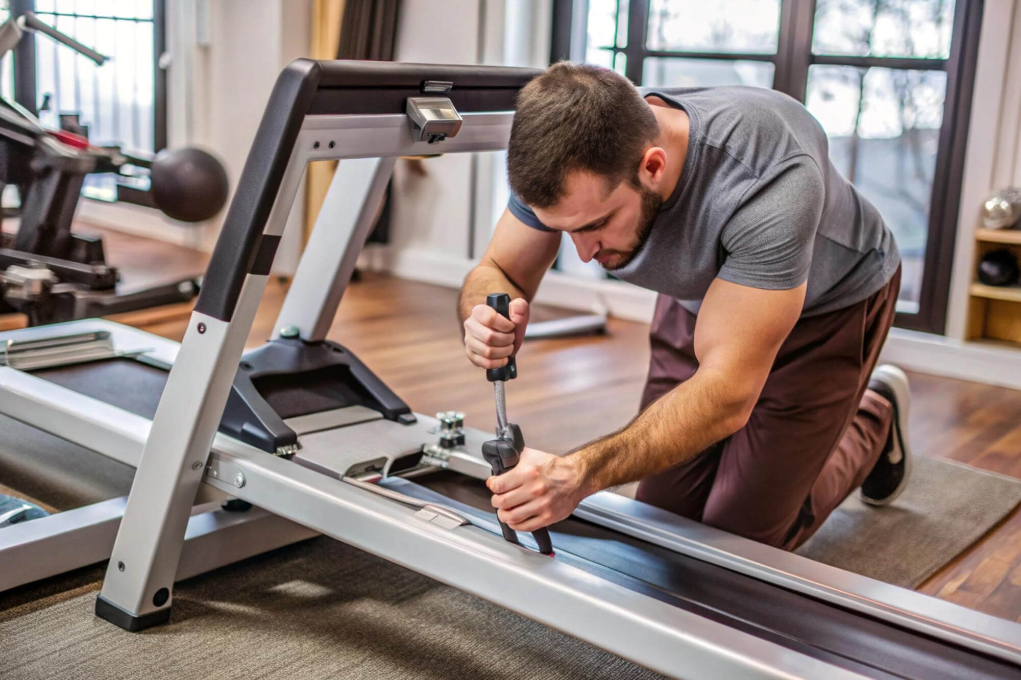 Technician repairing a treadmill